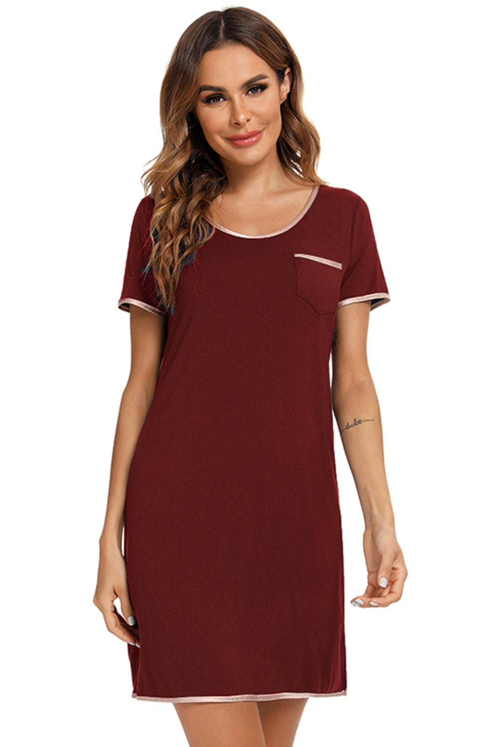 PREORDER- Contrast Trim Pocketed Round Neck Lounge Dress