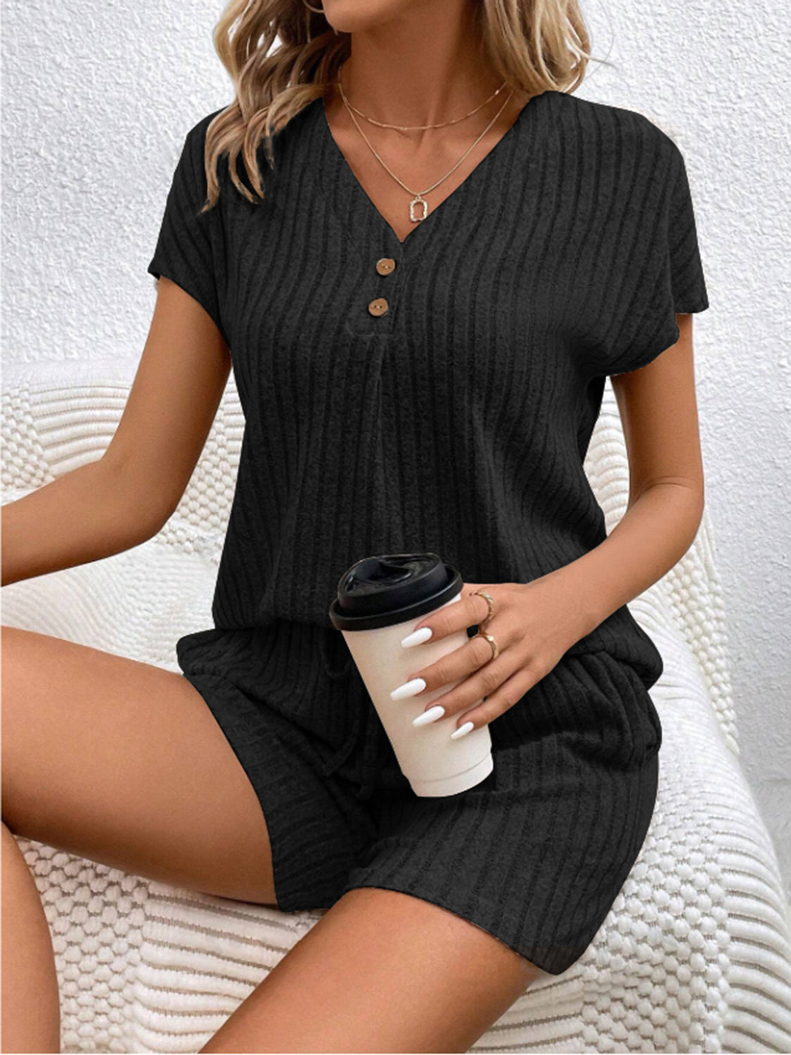 PREORDER- Ribbed V-Neck Top and Shorts Set