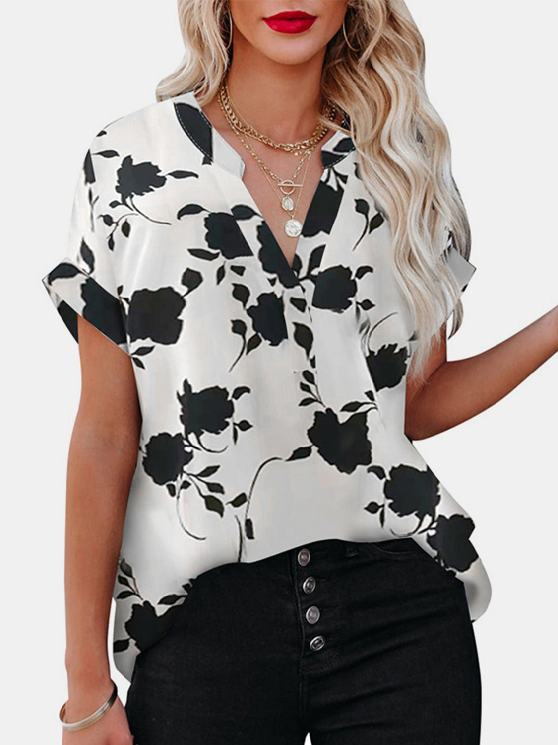 PREORDER- Full Size Printed Notched Short Sleeve Blouse