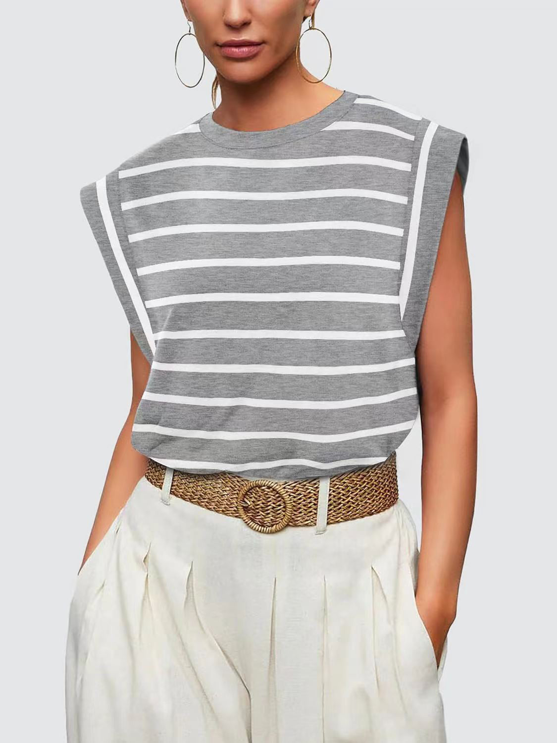 PREORDER- Striped Round Neck Cap Sleeve T-Shirt