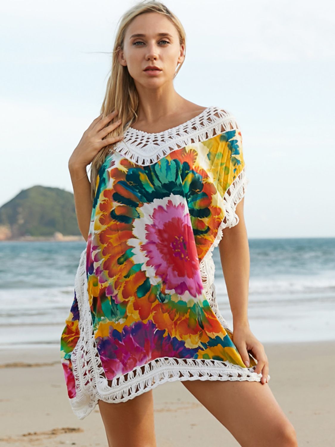 PREORDER- Openwork Printed Round Neck Cover Up