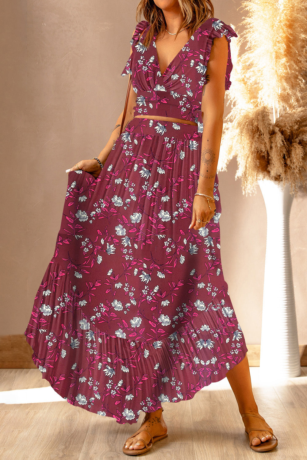 PREORDER- Printed Tie Back Cropped Top and Maxi Skirt Set