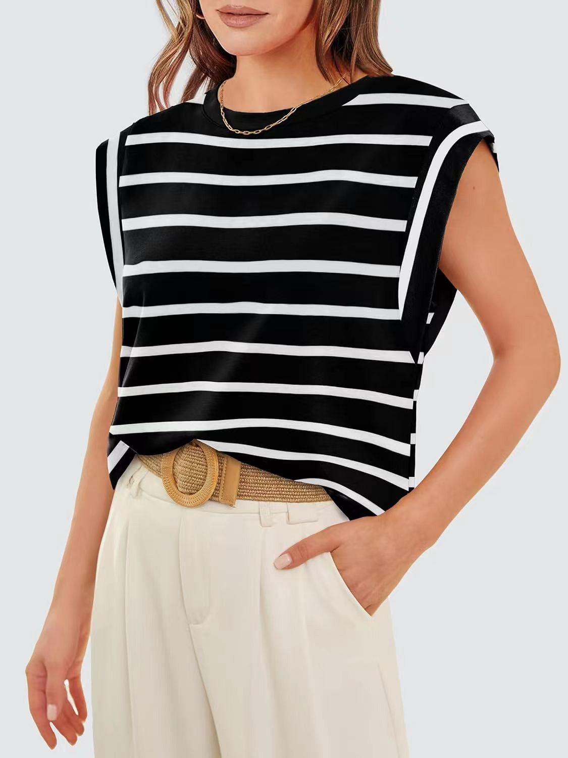 PREORDER- Striped Round Neck Cap Sleeve T-Shirt