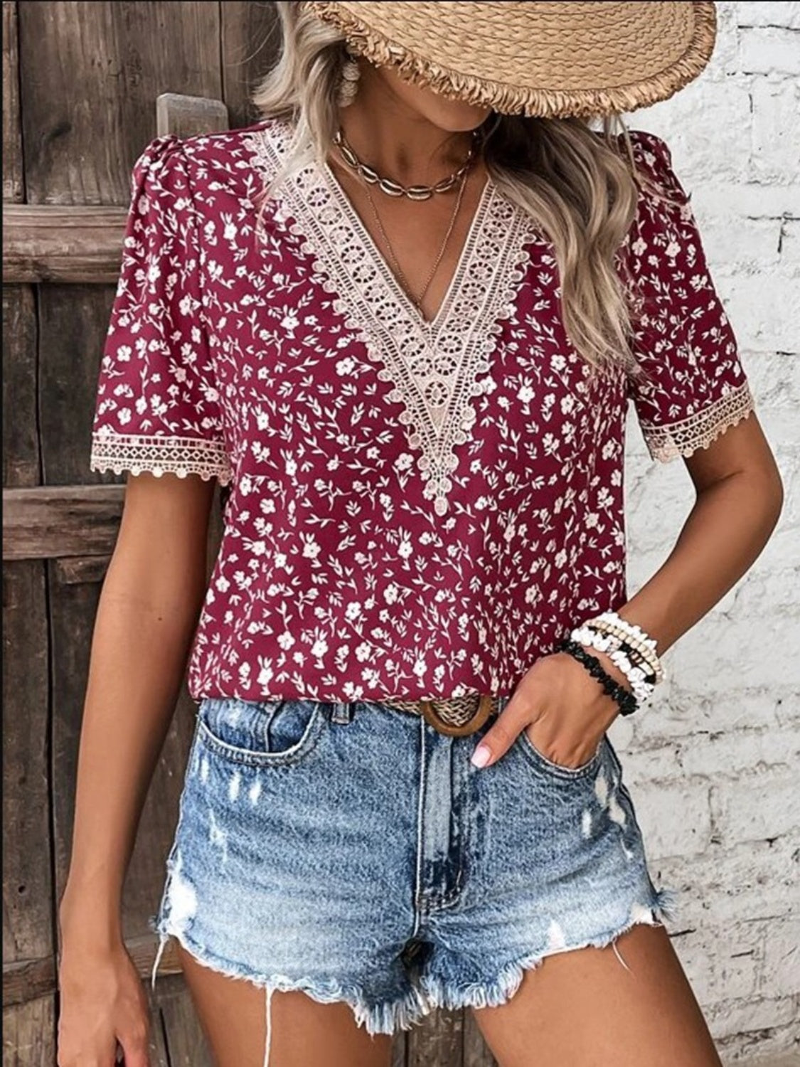 PREORDER- Full Size Printed V-Neck Short Sleeve Blouse