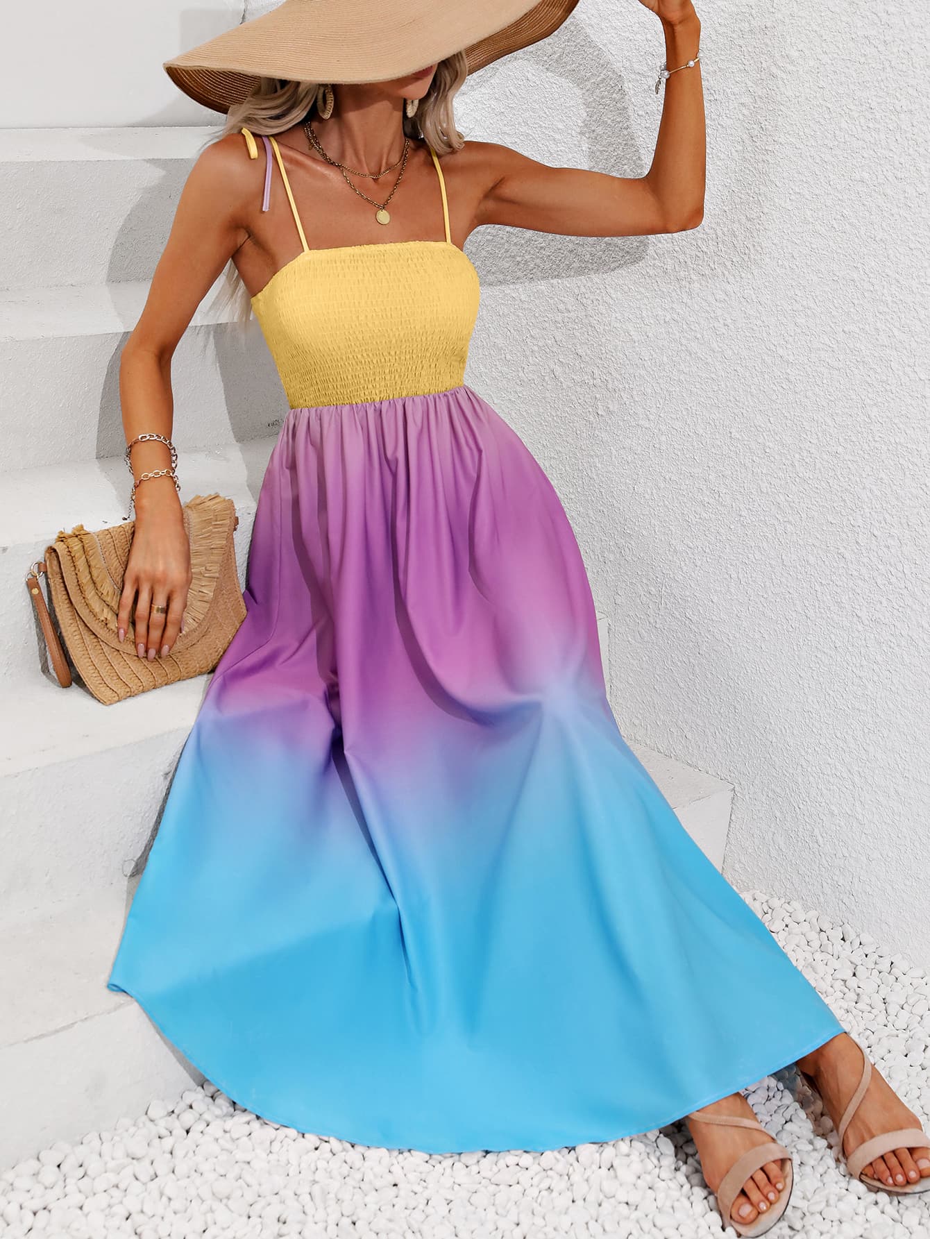 PREORDER- Color Block Tie Shoulder Smocked Maxi Dress