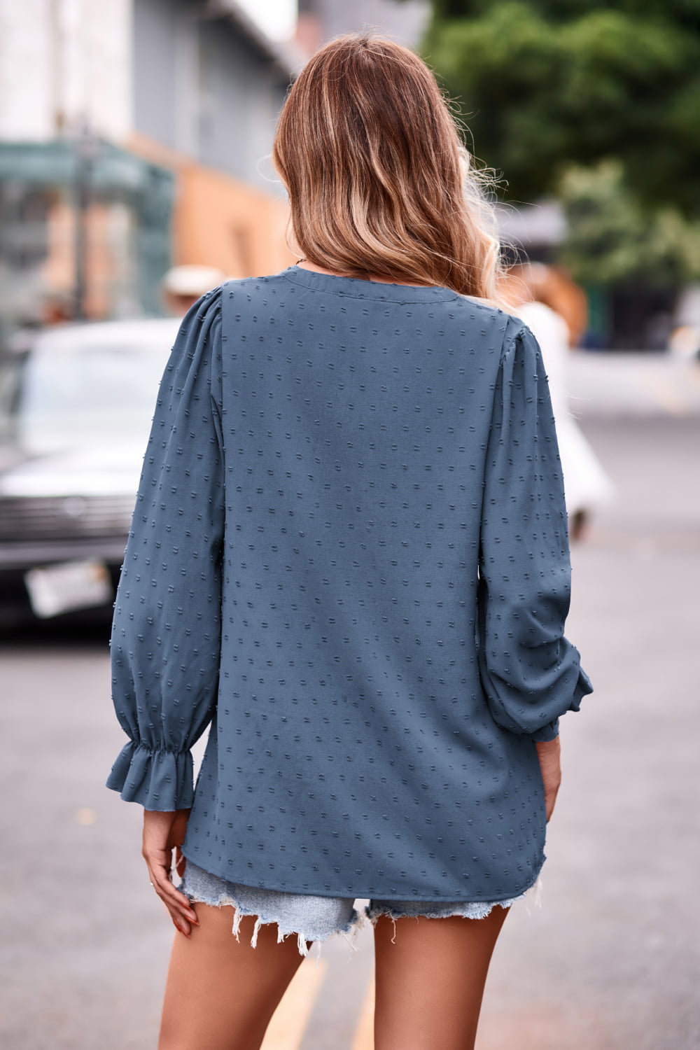 PREORDER- Swiss Dot Notched Neck Flounce Sleeve Blouse
