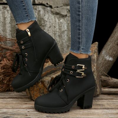 PREORDER- PU Leather Round Toe Block Heel Boots