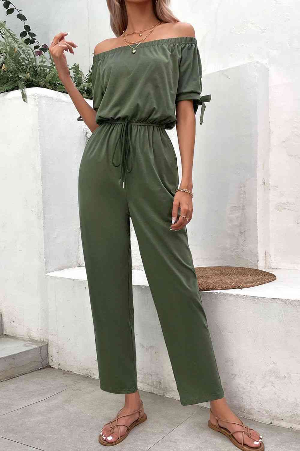 PREORDER- Off-Shoulder Tie Cuff Jumpsuit with Pockets