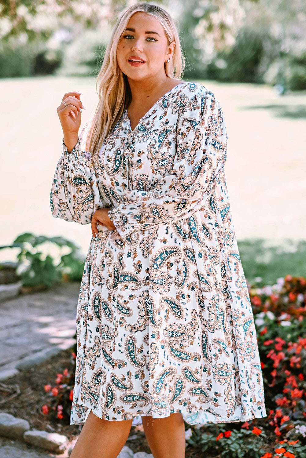 PREORDER- Plus Size Paisley Print Puff Sleeve Dress