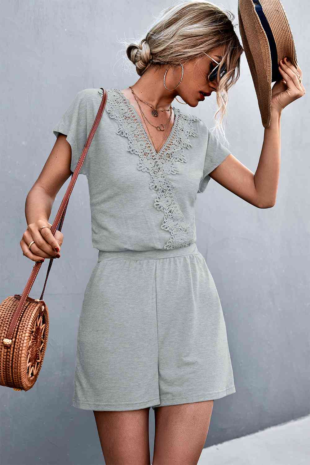 PREORDER- Lace Trim V-Neck Romper