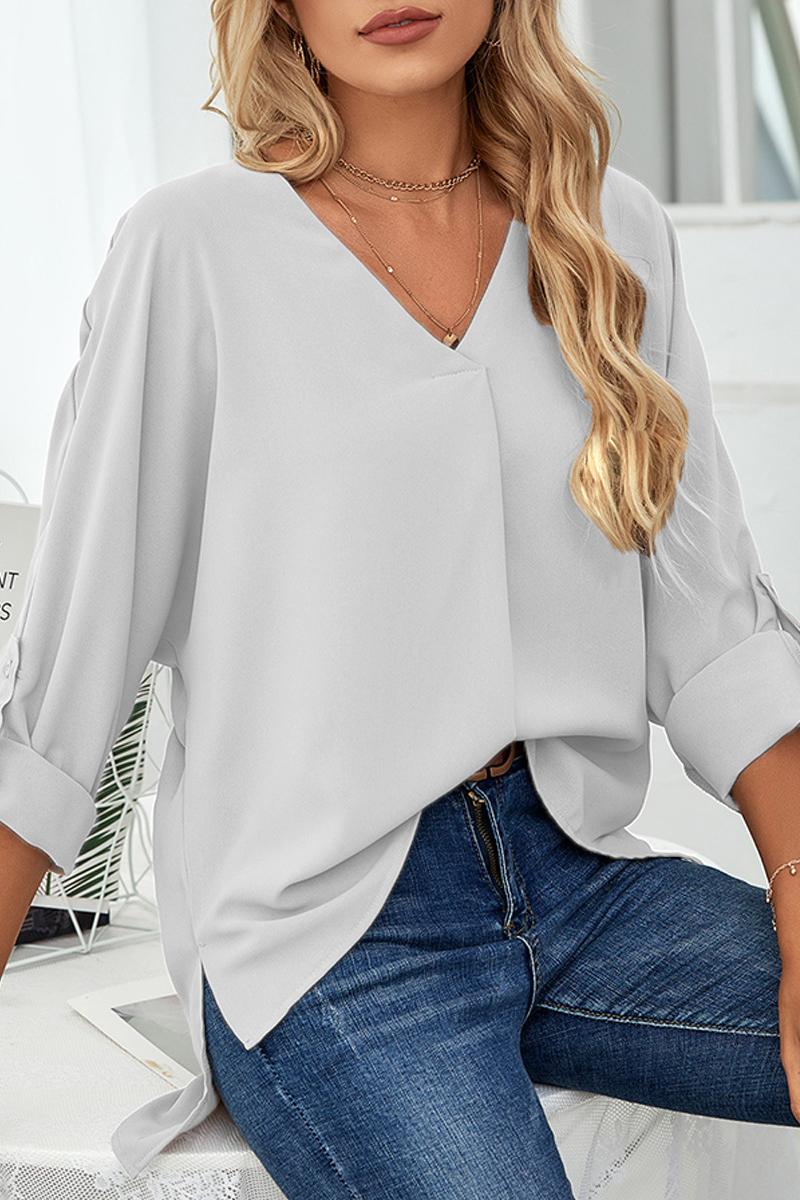 PREORDER- Roll-Tab Sleeve V-Neck Blouse