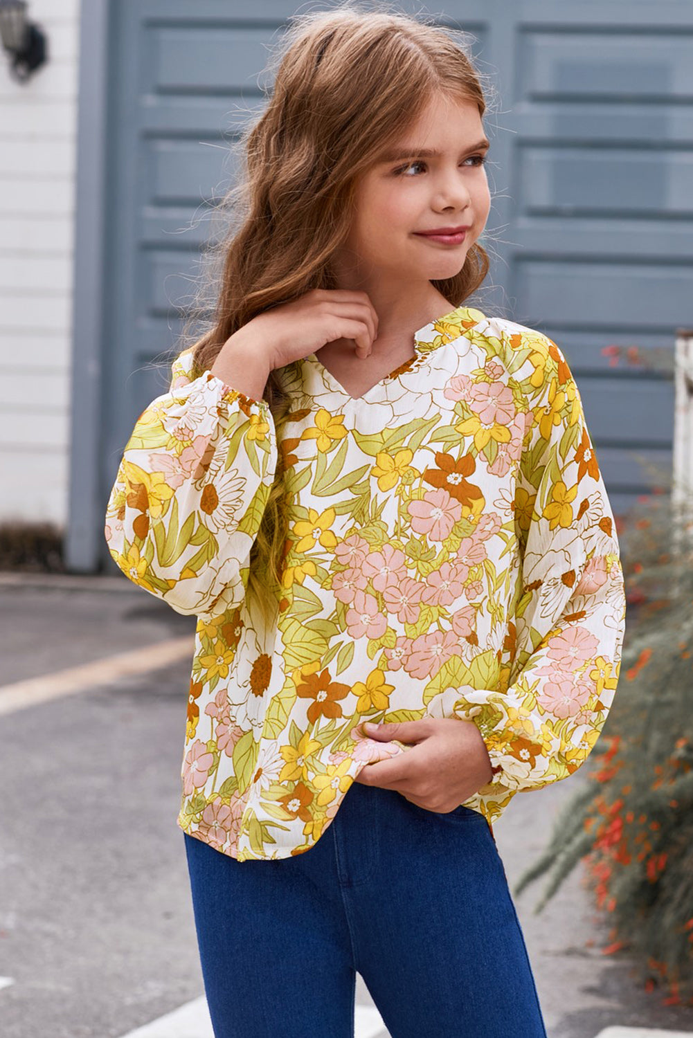 PREORDER- Girls Printed Notched Neck Puff Sleeve Blouse