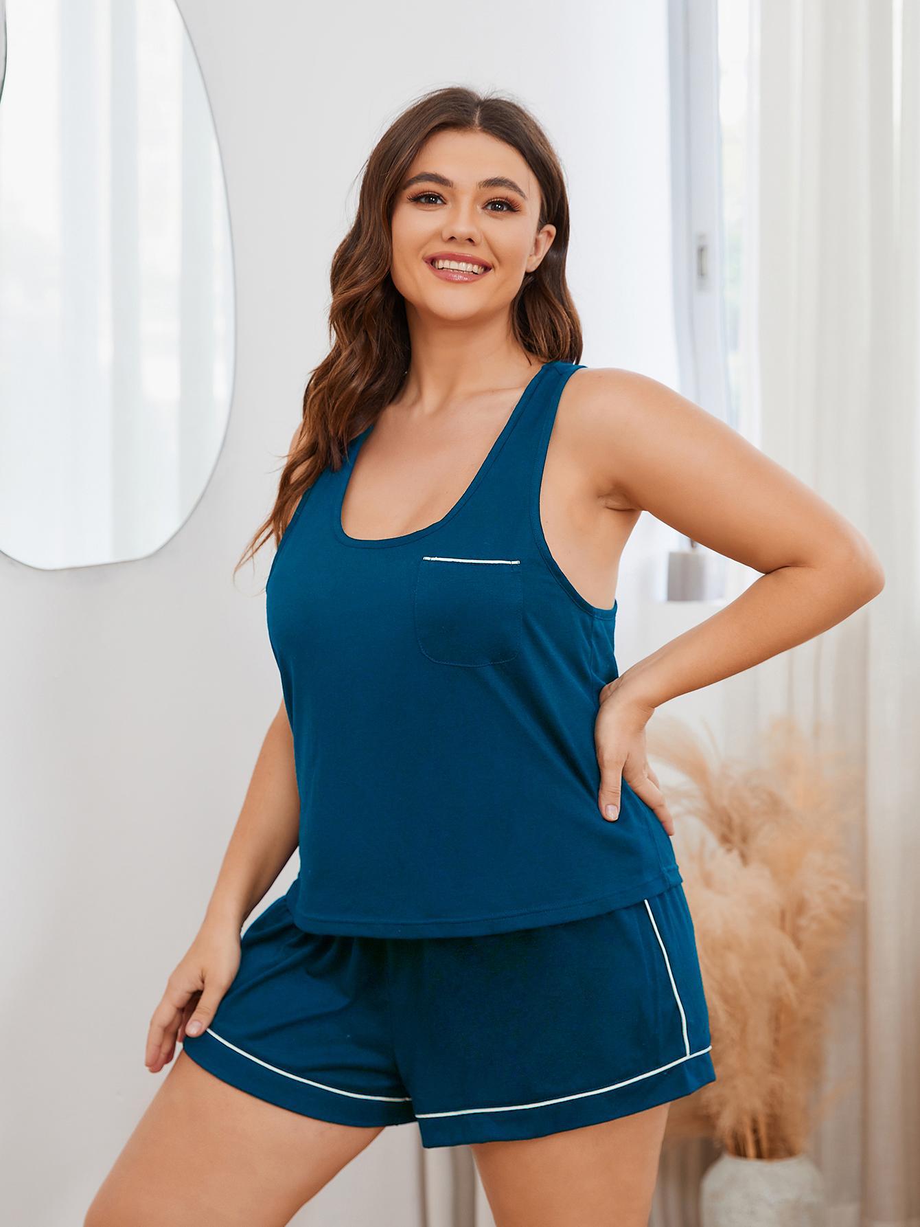 PREORDER- Plus Size Contrast Piping Racerback Tank and Shorts Lounge Set
