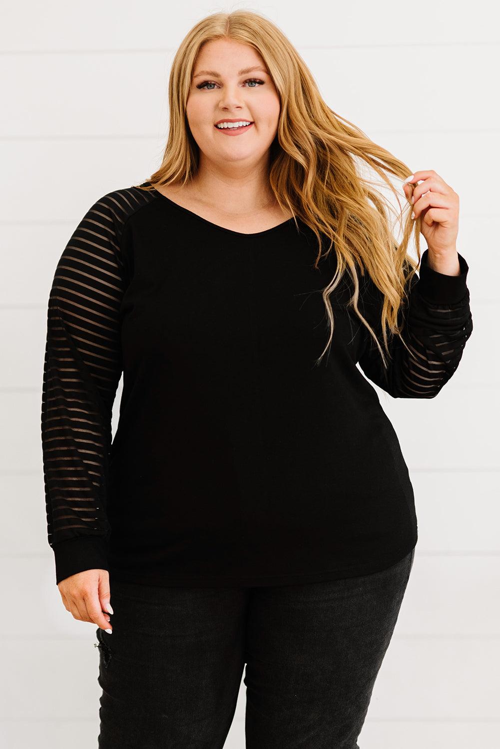 PREORDER- Plus Size Sheer Striped Sleeve V-Neck Top