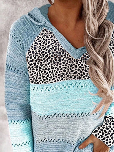 PREORDER- Full Size Openwork Leopard Drawstring Hooded Sweater