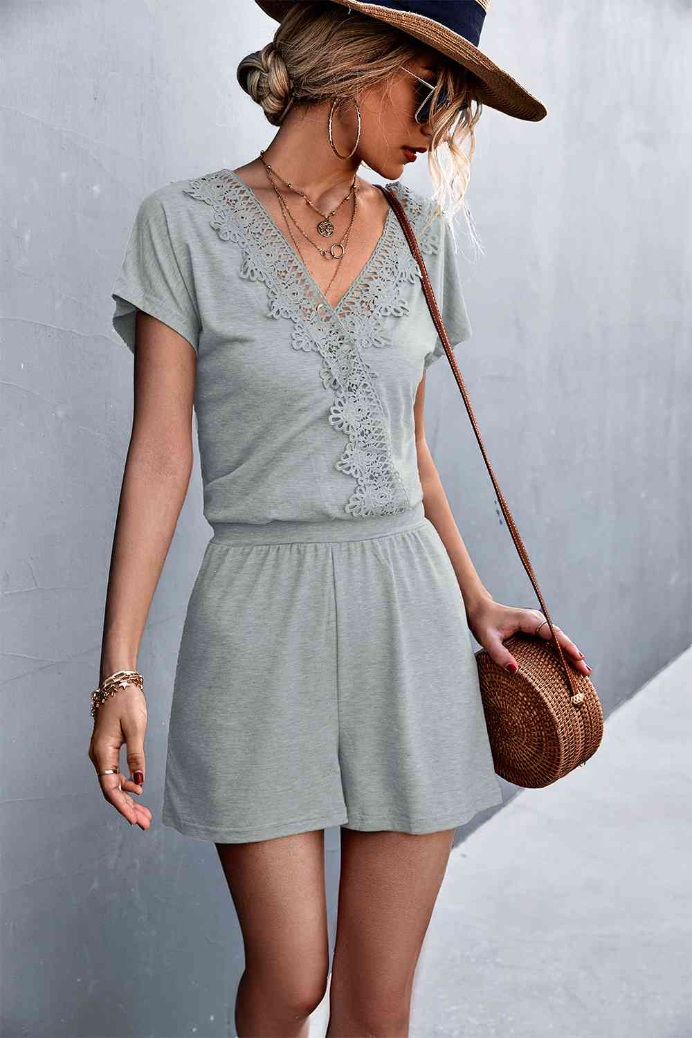 PREORDER- Lace Trim V-Neck Romper