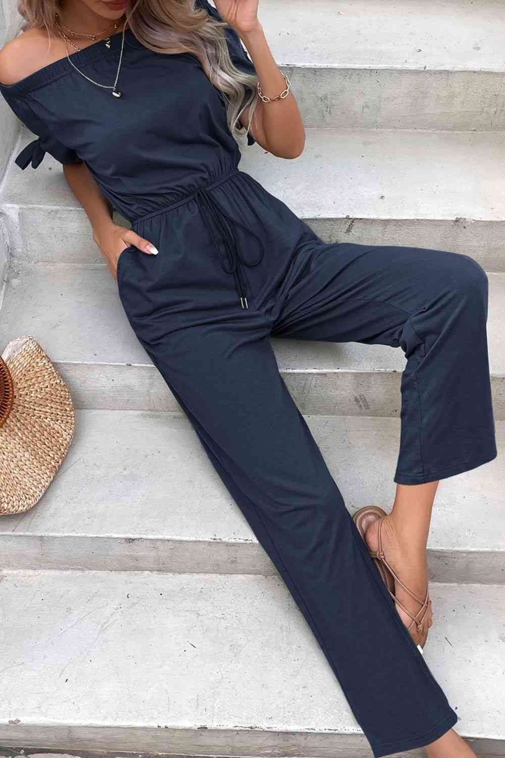 PREORDER- Off-Shoulder Tie Cuff Jumpsuit with Pockets