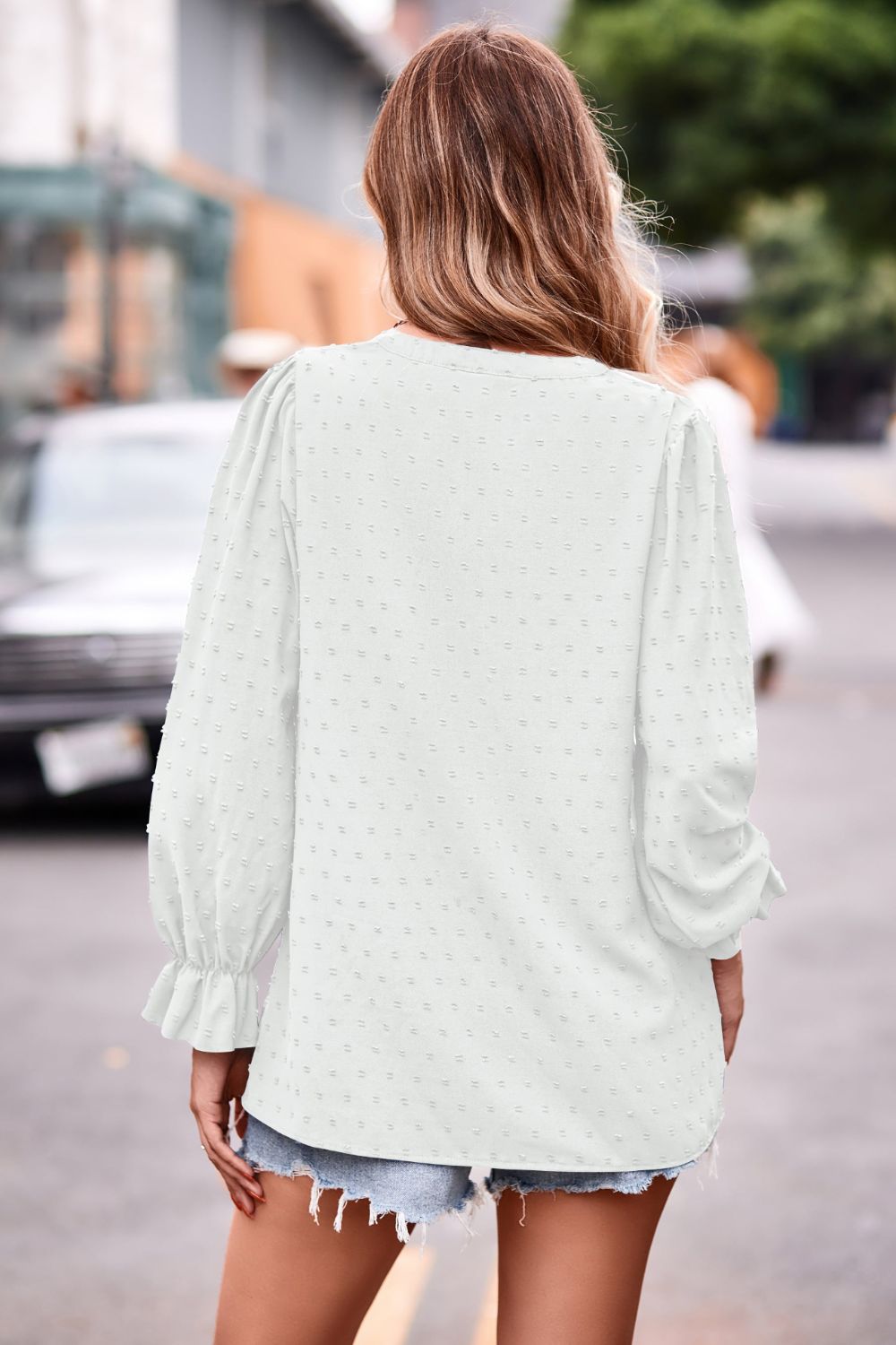PREORDER- Swiss Dot Notched Neck Flounce Sleeve Blouse