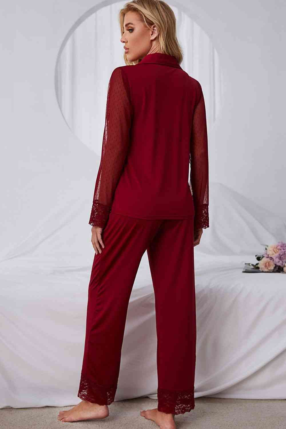 PREORDER- Spliced Lace Lapel Collar Pajama Set