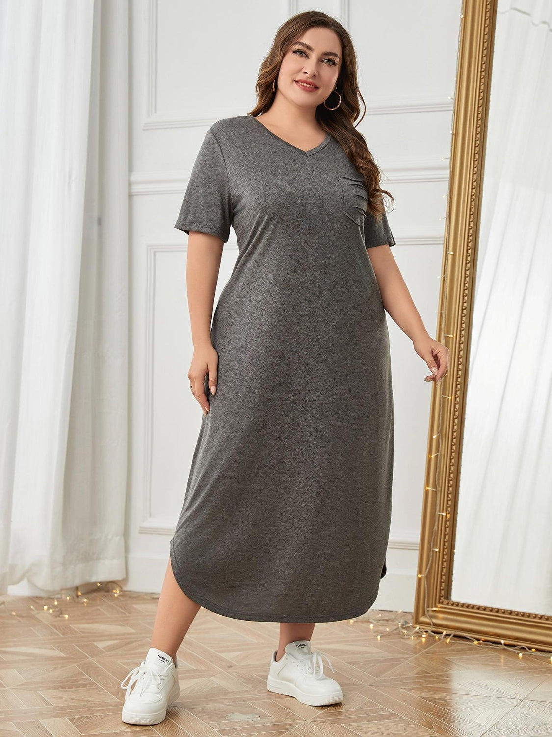 PREORDER- Plus Size Pocketed V-Neck Short Sleeve Lounge Dress