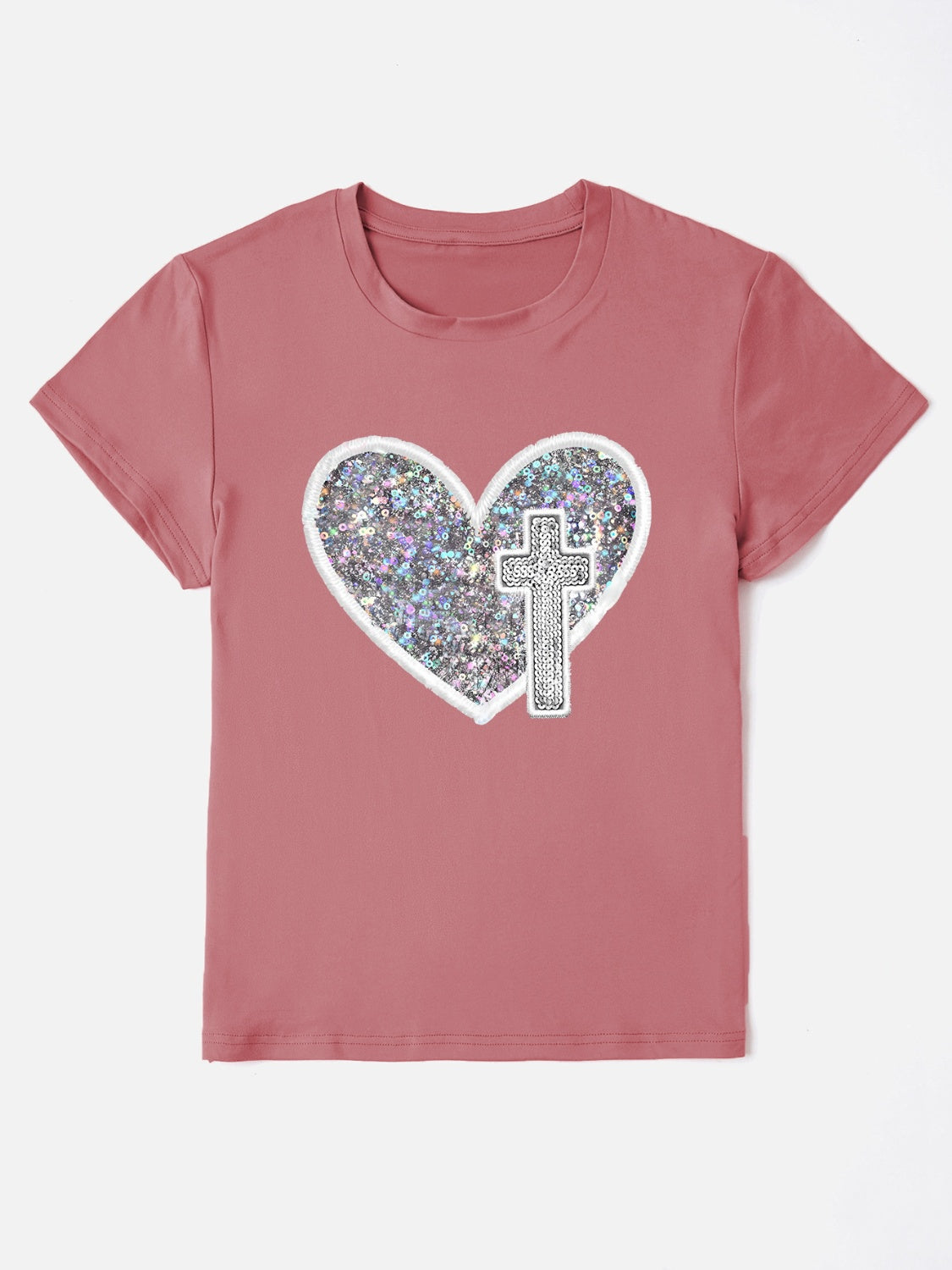 PREORDER- Sequin Heart Round Neck Short Sleeve T-Shirt