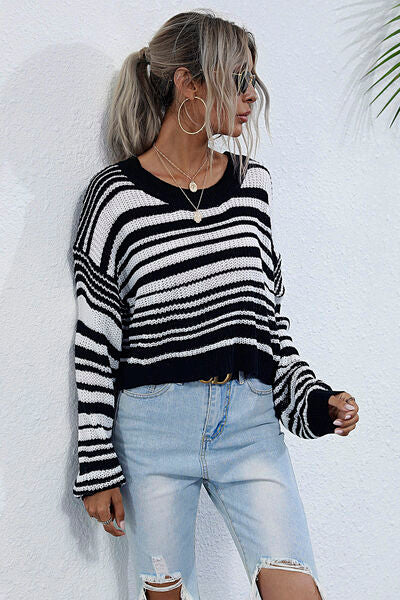 PREORDER- Striped Round Neck Dropped Shoulder Sweater