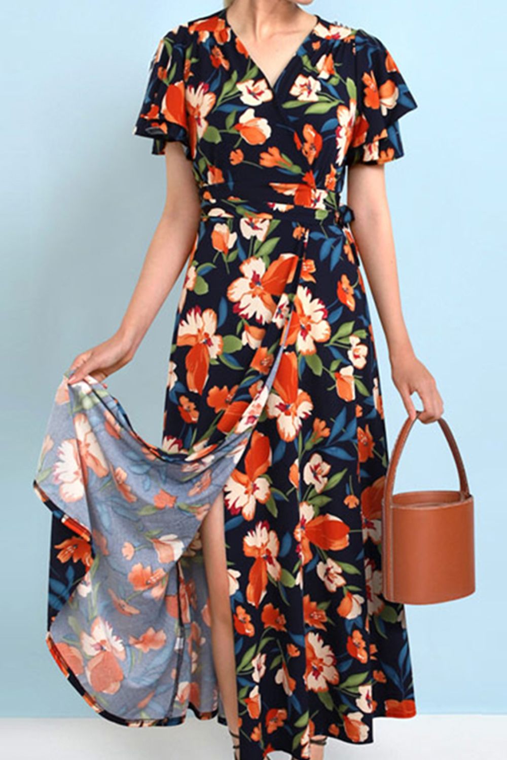 PREORDER- Plus Size Floral Surplice Neck Flutter Sleeve Dress