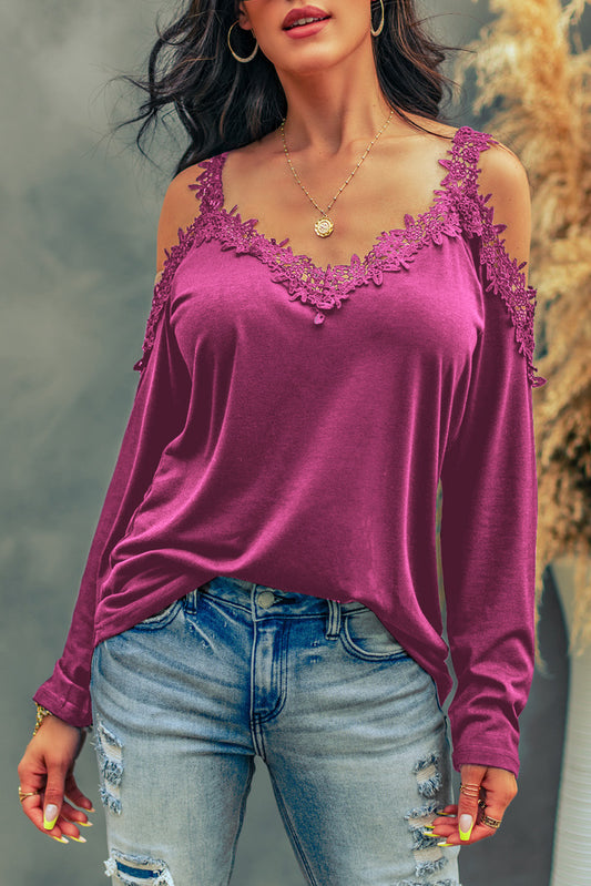 PREORDER- Lace Detail Cold Shoulder Long Sleeve T-Shirt