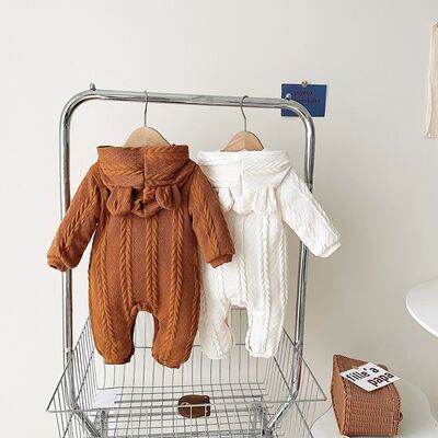 PREORDER- Baby Cable-Knit Long Sleeve Hooded Snapped Jumpsuit