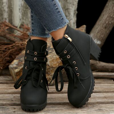 PREORDER- PU Leather Round Toe Block Heel Boots