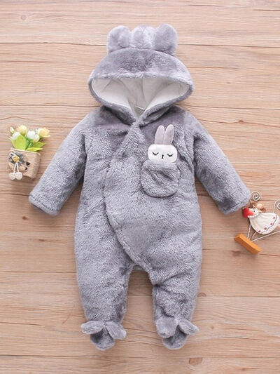 PREORDER- Baby Rabbit Decor Long Sleeve Hooded Snapped Jumpsuit