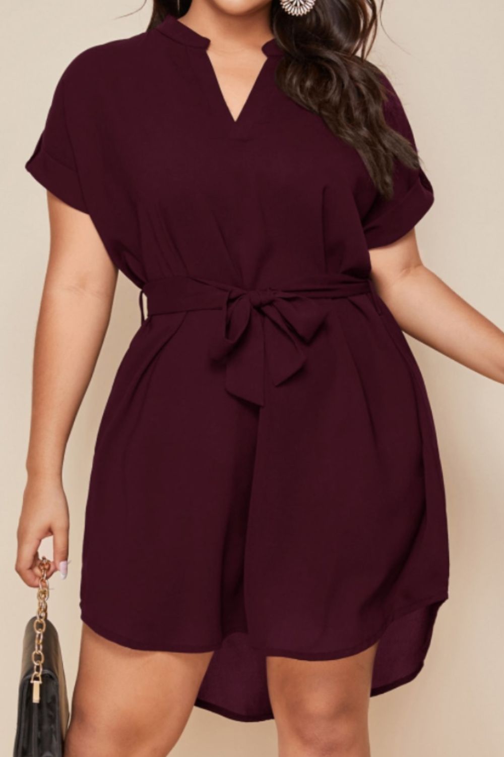 PREORDER- Plus Size Notched Tie Waist Mini Dress