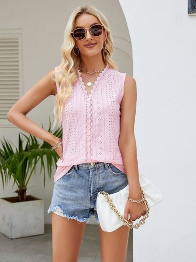 PREORDER- Eyelet Lace Detail V-Neck Tank