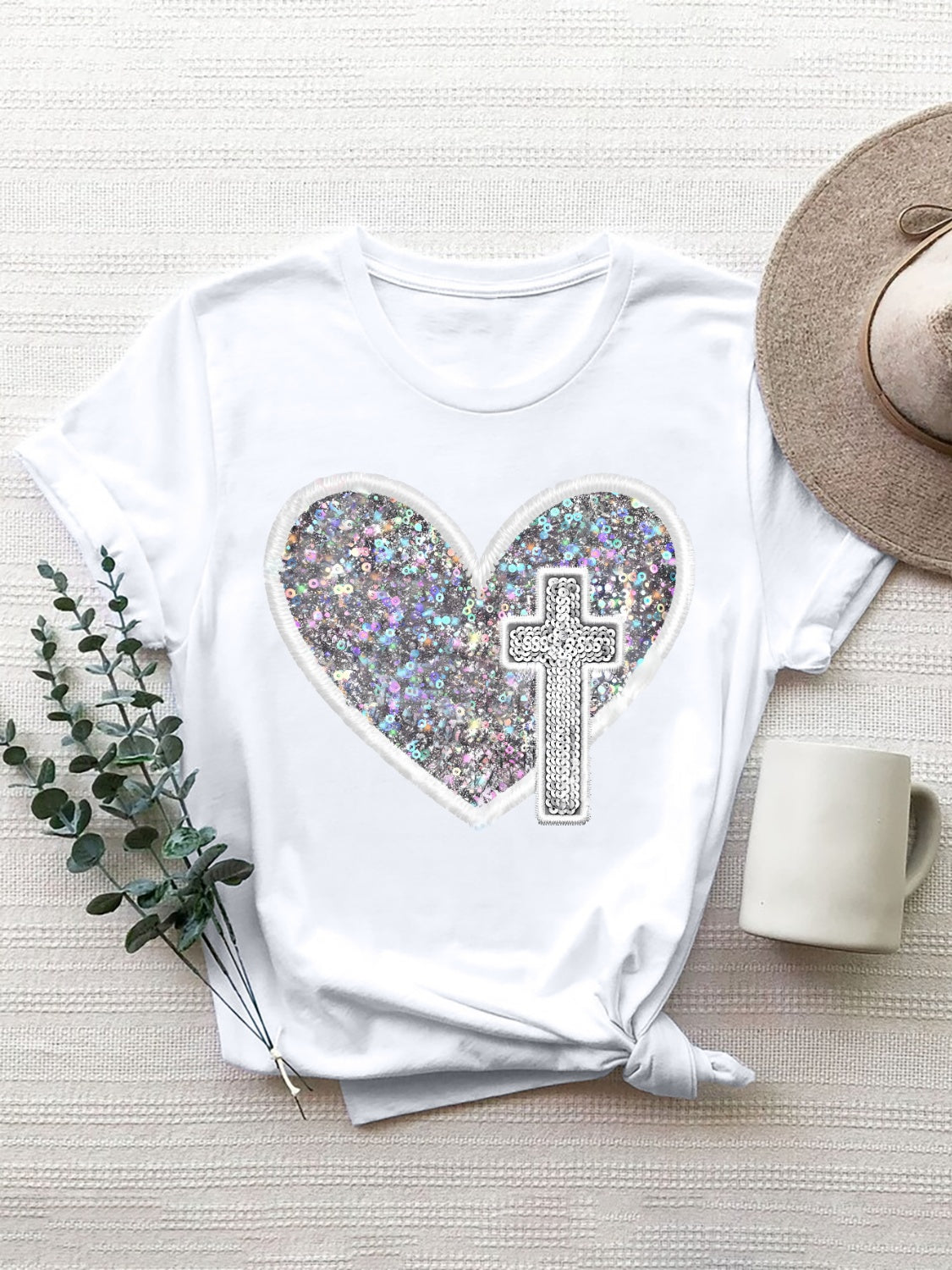 PREORDER- Sequin Heart Round Neck Short Sleeve T-Shirt