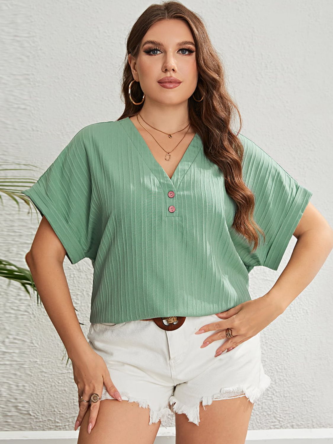 PREORDER- Plus Size Buttoned V-Neck Short Sleeve Top