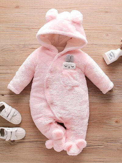 PREORDER- Baby Rabbit Decor Long Sleeve Hooded Snapped Jumpsuit