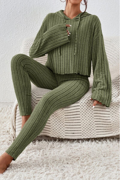 PREORDER- Lettuce Hem Dropped Shoulder Hooded Top and Pants Set