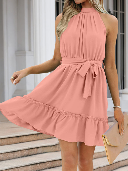 PREORDER- Ruched Grecian Neck Tie Waist Mini Dress