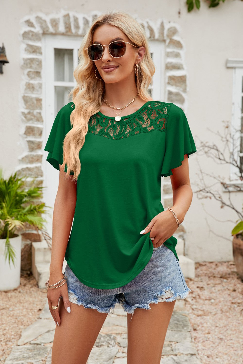 PREORDER- Spliced Lace Flutter Sleeve Top