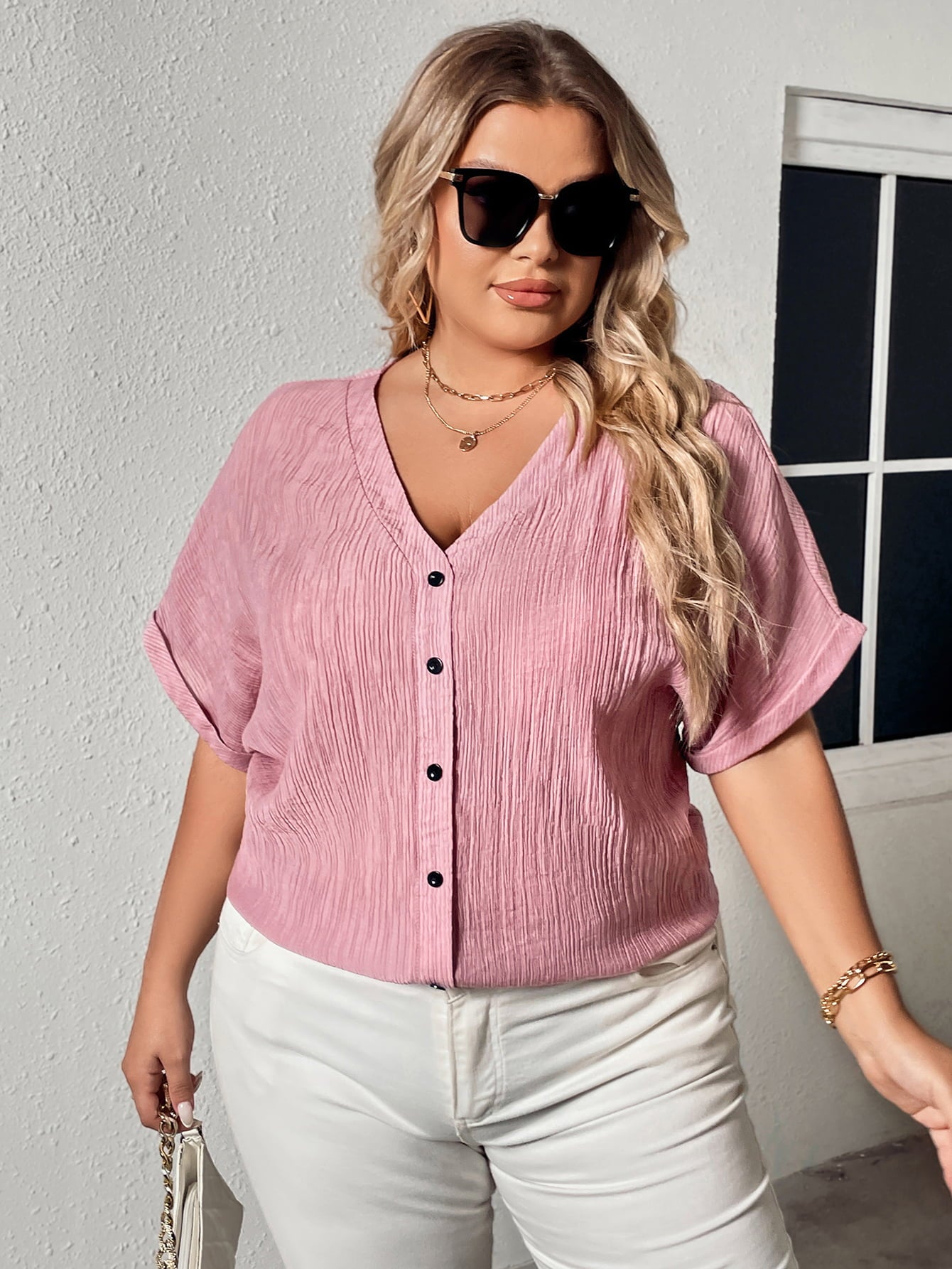 PREORDER- Plus Size Buttoned V-Neck Short Sleeve Blouse
