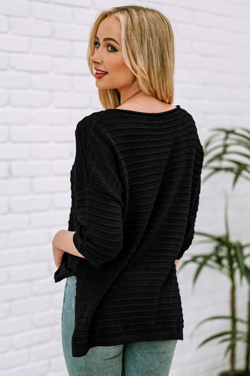 PREORDER- Round Neck Dropped Shoulder Side Slit Pullover Sweater
