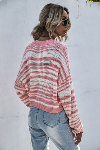 PREORDER- Striped Round Neck Dropped Shoulder Sweater