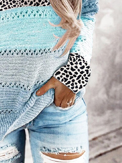 PREORDER- Full Size Openwork Leopard Drawstring Hooded Sweater