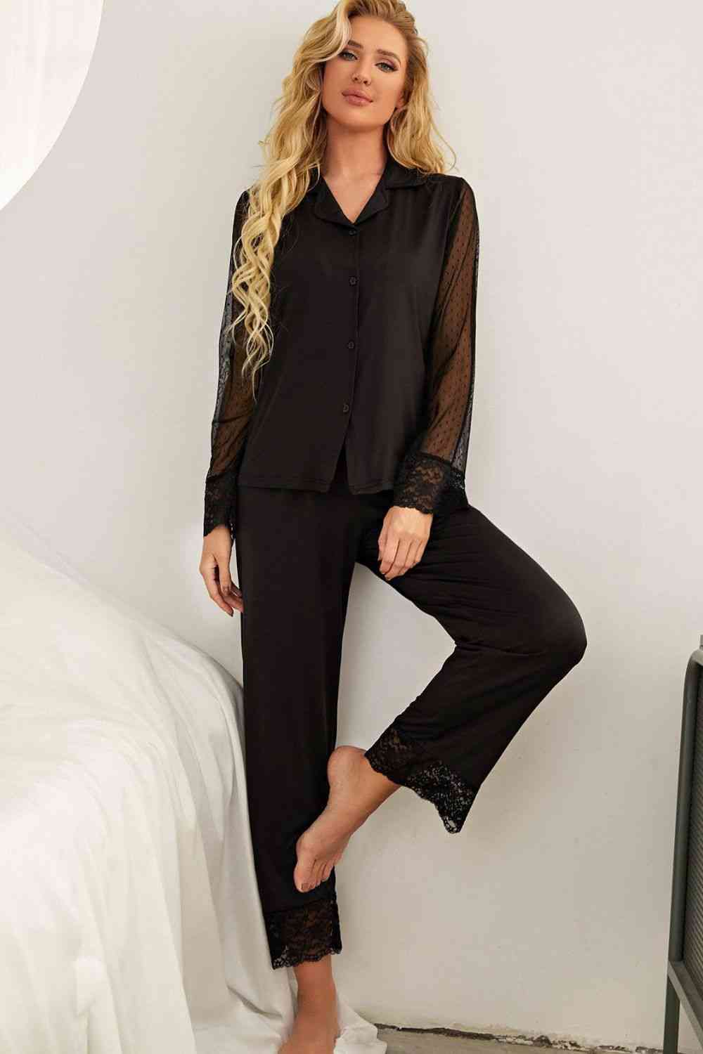 PREORDER- Spliced Lace Lapel Collar Pajama Set