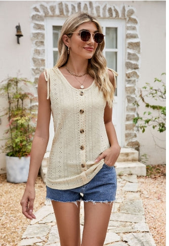 PREORDER- Full Size Decorative Button Eyelet Tied Tank