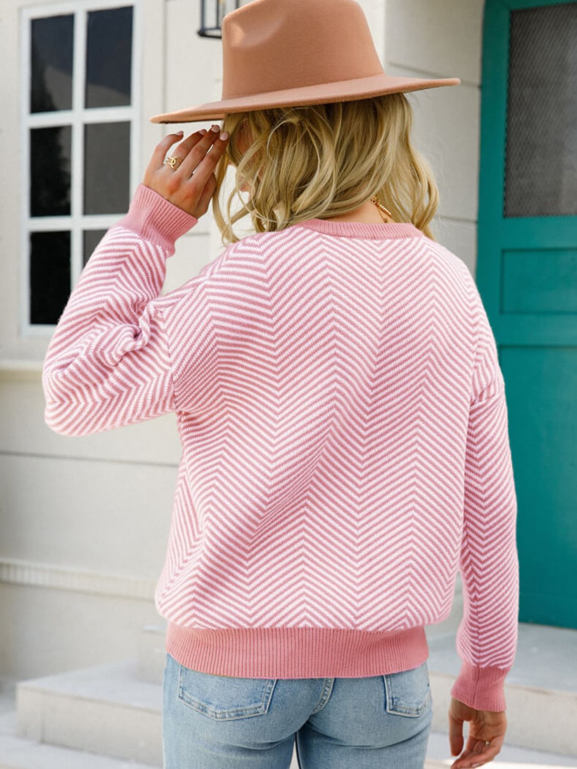 PREORDER- Chevron Ribbed Trim Dropped Shoulder Knit Pullover Sweater