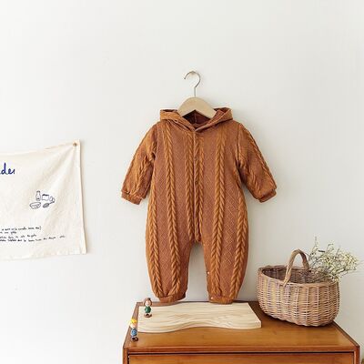 PREORDER- Baby Cable-Knit Long Sleeve Hooded Snapped Jumpsuit