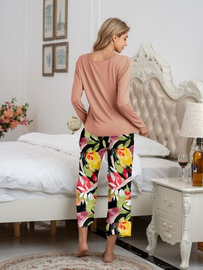 PREORDER- Round Neck Top and Printed Pants Lounge Set
