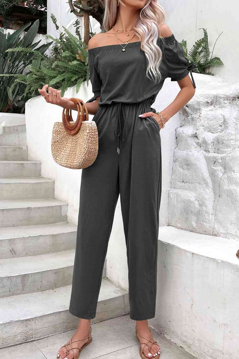 PREORDER- Off-Shoulder Tie Cuff Jumpsuit with Pockets
