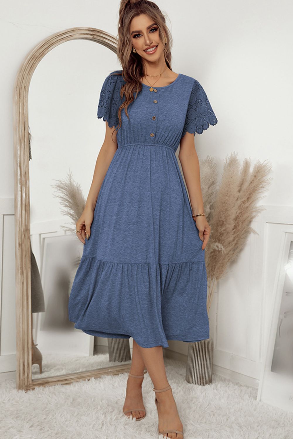 PREORDER- Decorative Button Round Neck Lace Sleeve Dress